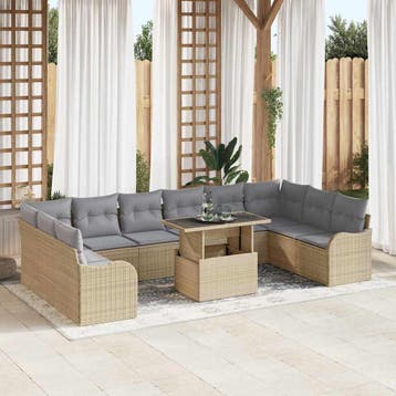 vidaXL Tuin Sofa Set 11 st 10-Aantal zitplaatsen Beige Poly, Verzenden, Nieuw, Rotan, Meer dan 8 zitplaatsen