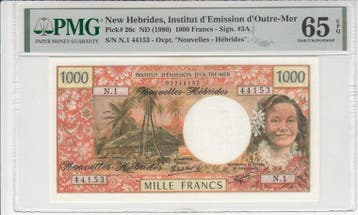 1980 New Hebrides 1000 Francs Nd Pick 20c Pmg Gem Unc 65 Epq, Verzenden