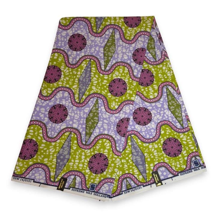 Afrikaanse stof - Roze Groen Wave Symbols - Super Wax 100% f, Hobby en Vrije tijd, Stoffen en Lappen, Nieuw, Ophalen of Verzenden
