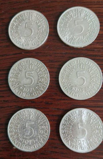 Duitsland. 6 Silbermünzen, 5 Deutsche Mark, 1969-1974, Postzegels en Munten