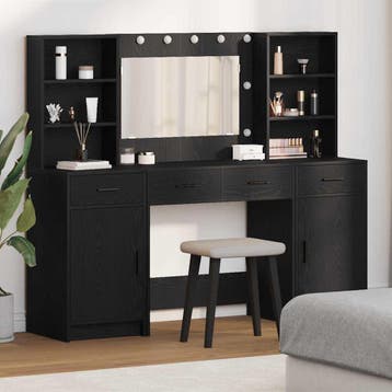 vidaXL Make-up tafel set met LED 3 st Zwart Eiken Bewerkt, Verzenden, Nieuw