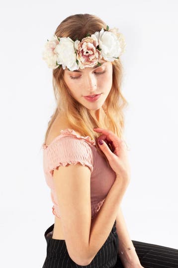 KIMU® Bloemenkrans Haar Pioenrozen Wit Creme Lichtroze Bloem, Ophalen of Verzenden, Nieuw, Carnaval, Accessoires