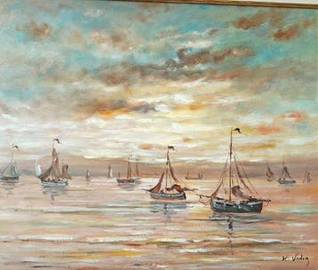 Hendrik Vader (1928-1997) - Vissersboten bij valavond, Antiek en Kunst