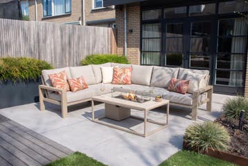 Verano/Cosiloft hoekbank loungeset met vuurtafel - Latte, Verzenden, Nieuw, Overige materialen, Loungeset