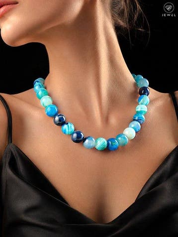 Blauwe agaatketting - 925 sterlingzilver - goudverguld -