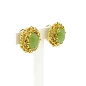 18 Krt. Gouden oorclips met chrysopraas (Oorbellen), Sieraden, Tassen en Uiterlijk, Gebruikt, Ophalen of Verzenden, Met edelsteen