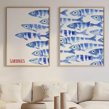 Retro Blauwe Sardine Canvas Poster - Mediterrane Stijl Wandd, Verzenden, Nieuw
