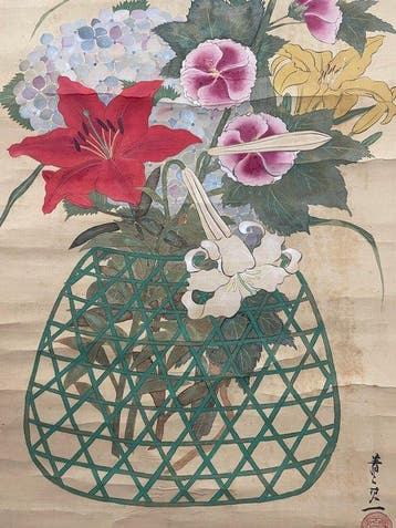 Zomerse bloemen in een mand - Gesigneerd Sesei Kiitsu  -