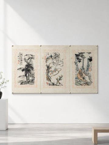 Drie luik van Japanse Nanga-poëtische schilderijen – Een