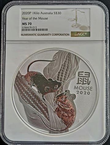 Lunar III - Year of the Mouse - 1 kg 2020 NGC MS 70, Verzenden, Losse munt, Zilver