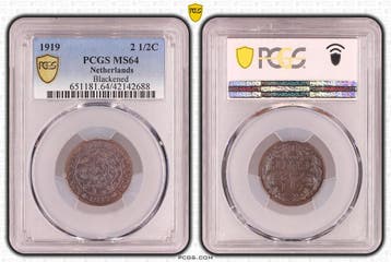 Koningin Wilhelmina 2 1/2 cent 1919 MS64 Blackened PCGS, Verzenden, Koningin Wilhelmina, Losse munt