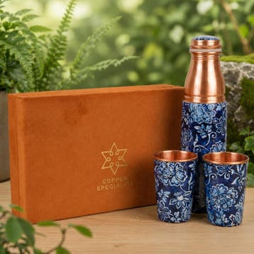 Puur koperen set van fles bloemenprint blauw/wit ± 950 ml, Ophalen of Verzenden, Nieuw