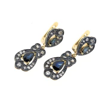 Goud/zilveren oorhangers met saffier en diamant; Ca. 0,52..., Sieraden, Tassen en Uiterlijk, Oorbellen, Gebruikt, Ophalen of Verzenden