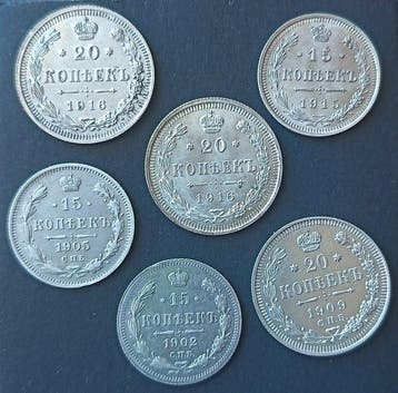 Rusland. Nicholas II. Set of 6 coins: 15 & 20 Kopecks