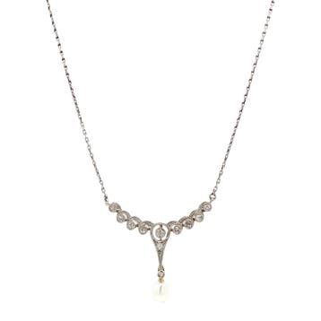 Vintage platina collier met diamant en parel 14 kt/950, Sieraden, Tassen en Uiterlijk, Kettingen, Ophalen of Verzenden, Nieuw