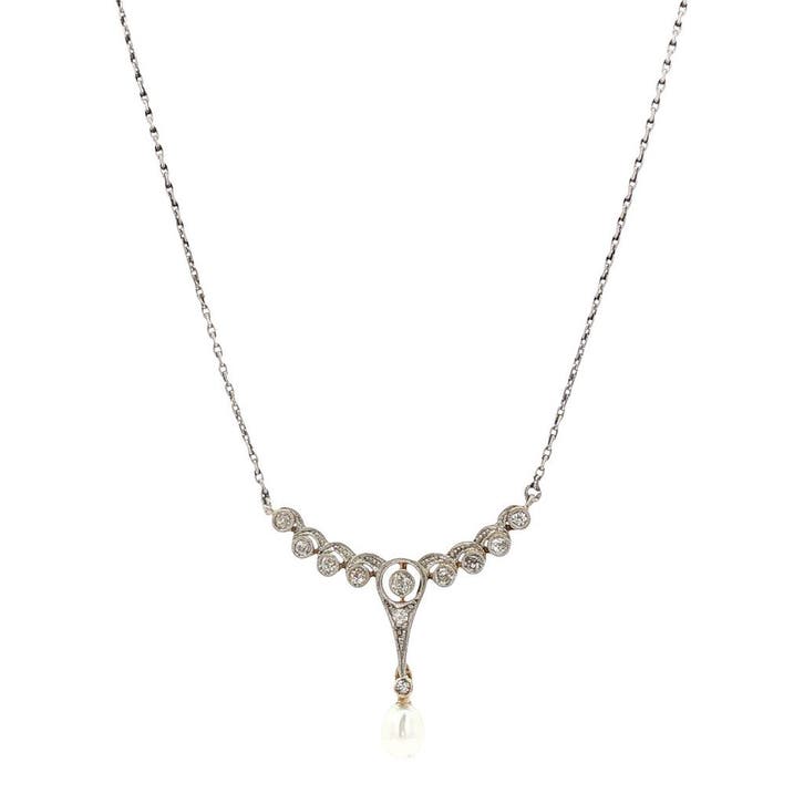 Vintage platina collier met diamant en parel 14 kt/950, Sieraden, Tassen en Uiterlijk, Kettingen, Ophalen of Verzenden