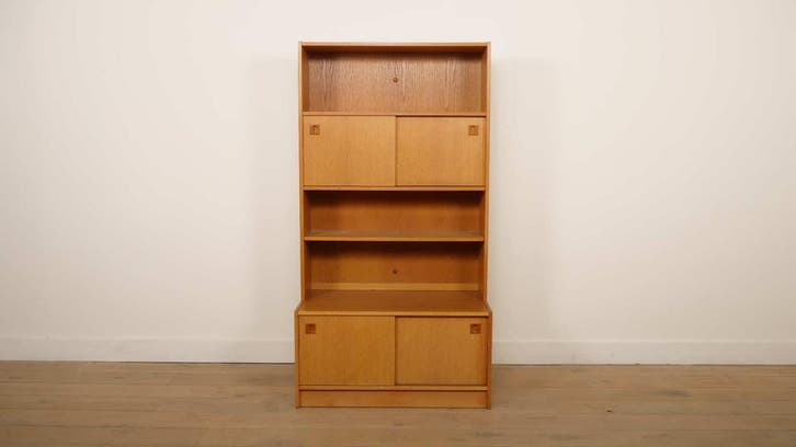 Vintage wandkast | Boekenkast | Eiken | Schuifdeuren, Huis en Inrichting, Kasten | Wandmeubels, Ophalen of Verzenden