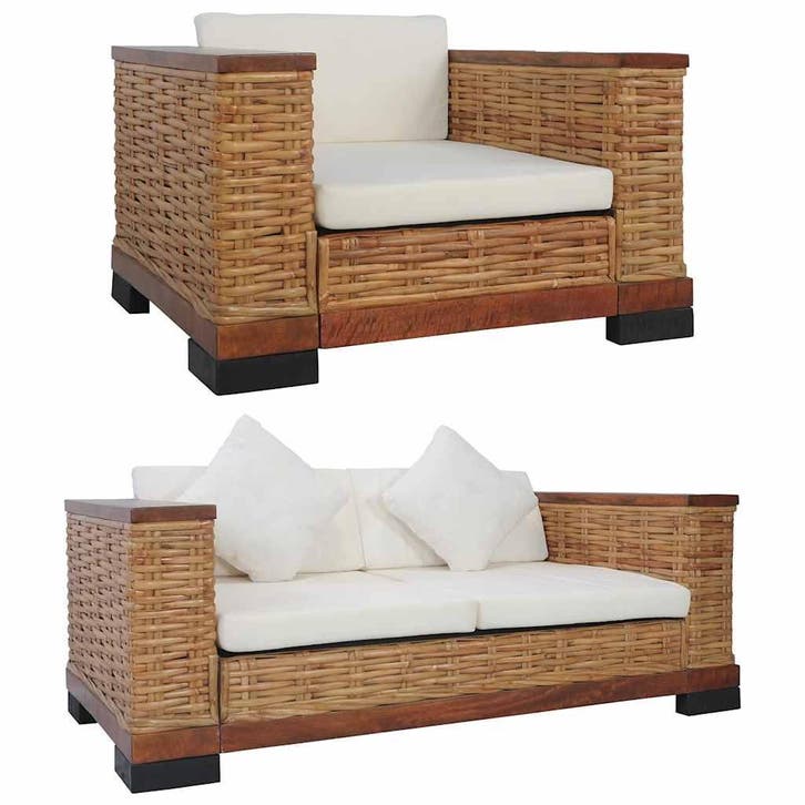 vidaXL 2-delig Bankstel met kussens natuurlijk rattan bruin, Huis en Inrichting, Banken | Bankstellen, Nieuw, 150 tot 200 cm, Riet of Rotan