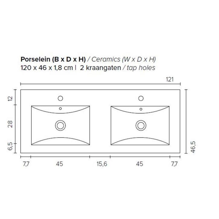 Badkamermeubel BWS Pepper Wastafel Porselein 2 Kraangaten, Huis en Inrichting, Badkamer | Badkamermeubels, Ophalen of Verzenden