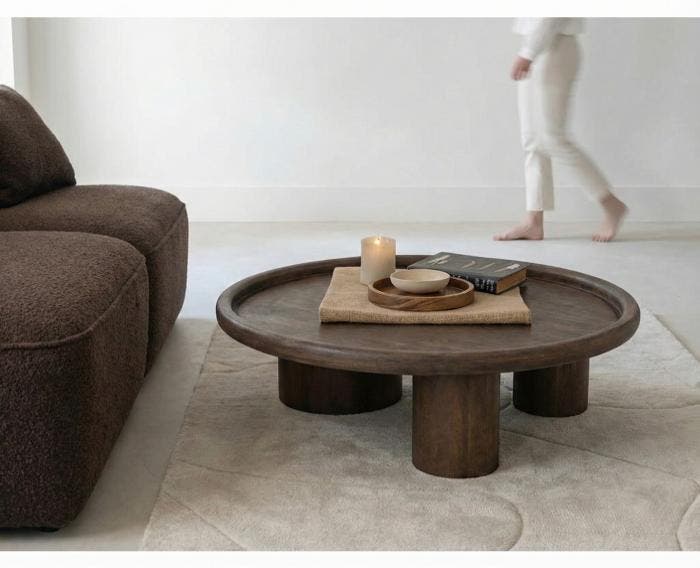 Salontafel Marlot rond mangohout 110x110x31 cm - walnoot, Huis en Inrichting, Tafels | Salontafels, Nieuw, Ophalen of Verzenden