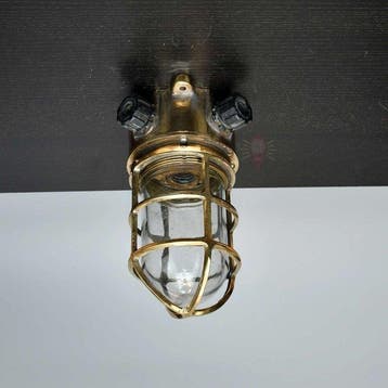 Wandlamp - Messing, Glas - Industrieel kooi-lamp, Antiek en Kunst