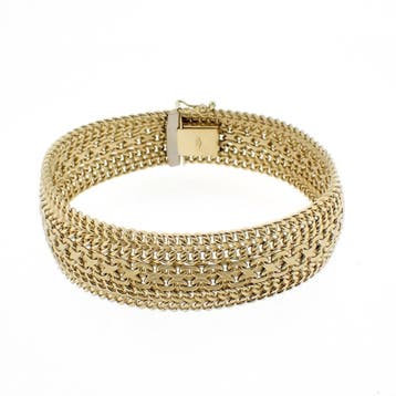 Gouden brede fantasieschakel armband (Schakelarmband), Ophalen of Verzenden, Gebruikt, Goud, Goud