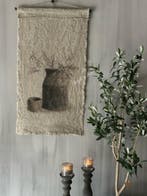 Shabby linnen wanddoek Houten pot met corokia 95x45cm, Ophalen of Verzenden, Nieuw