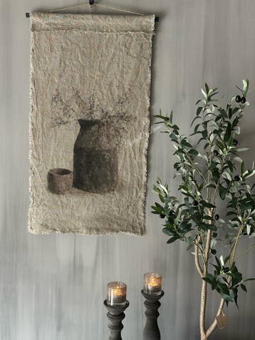 Shabby linnen wanddoek Houten pot met corokia 95 x 45 cm, Ophalen of Verzenden, Nieuw