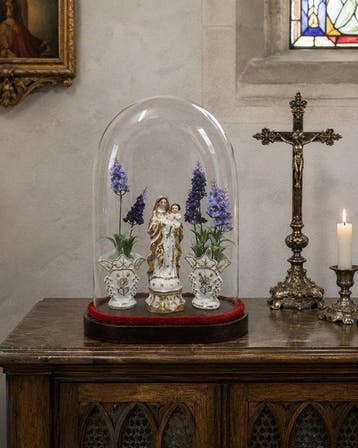 Religieuze ovale stolp met Mariabeeld en bloemenvaasjes - 37