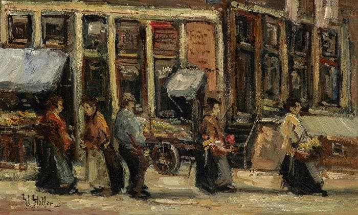 Gerard Johan Staller (1880-1956) - De Amsterdamse Markt (NO, Antiek en Kunst, Kunst | Schilderijen | Klassiek