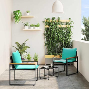 vidaXL Meubelsets 3 st Zwart en Turquoise Rattan, Verzenden, Nieuw, Rotan, 3 zitplaatsen