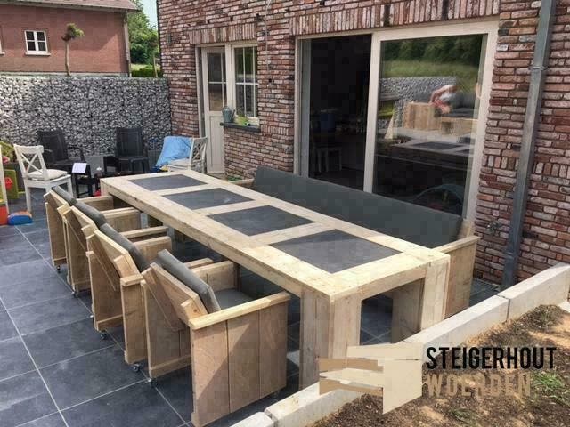 Steigerhouten Tuinset Exclusive met natuursteen  ACTIEPRIJS, Tuin en Terras, Tuinsets en Loungesets, Bank, Eettafel, Stoel, 6 zitplaatsen