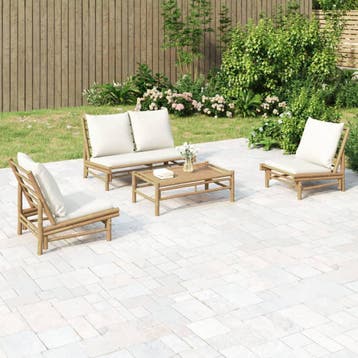 vidaXL 4-delige Loungeset met kussens bamboe crèmewit, Verzenden, Nieuw, Hout, Loungeset
