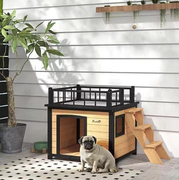 Houten Hondenhuis met Balkon en Trap –Verhoogd Buitenhuis Ho, Verzenden, Nieuw