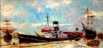 Assuero Fogli (1915-2001) - Velieri e rimorchiatore in porto