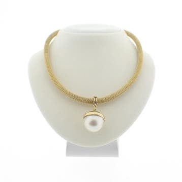 Gouden mesh schakelcollier met parelhanger (Ketting), Gebruikt, Ophalen of Verzenden, Met edelsteen, Goud