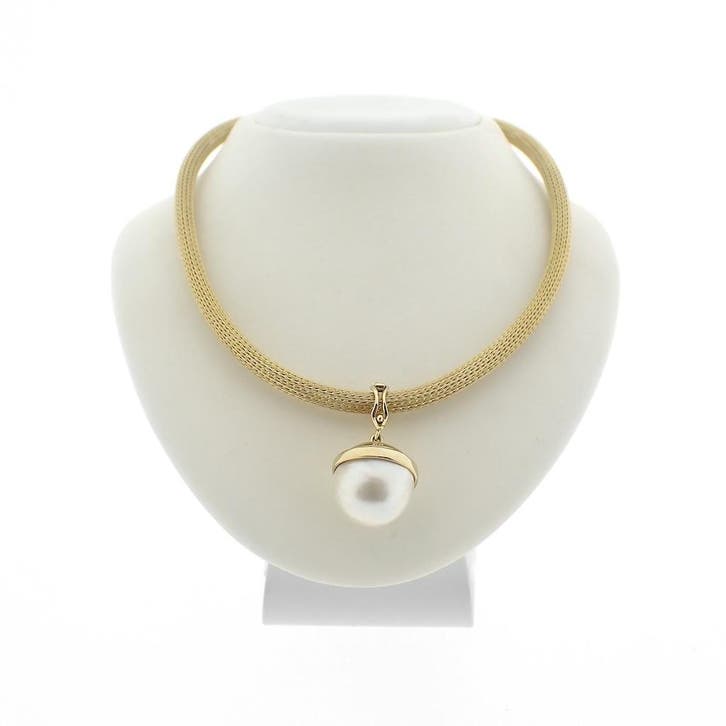 Gouden mesh schakelcollier met parelhanger (Ketting), Sieraden, Tassen en Uiterlijk, Kettingen, Goud, Gebruikt, Met edelsteen