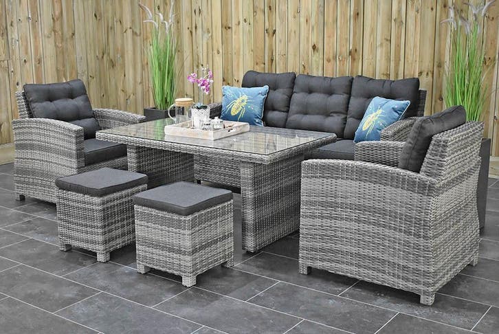 Minnesota Loungeset met 3 Zitsbank, 2 stoelen, tafel en kruk, Tuin en Terras, Tuinsets en Loungesets, Loungeset, Bank, Eettafel