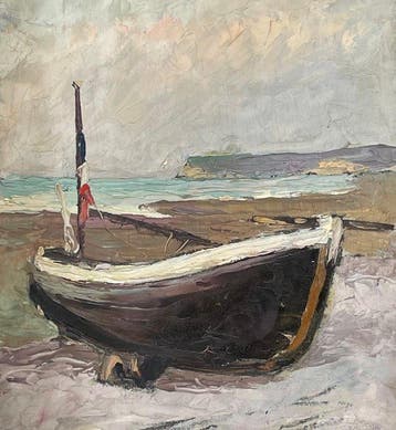 Franse school (XIX) - Paysage Marin, barque couchée sur la, Antiek en Kunst