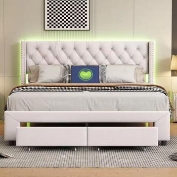 Gestoffeerd tweepersoonsbed met LED en 2 opbergladen, Verzenden, Nieuw