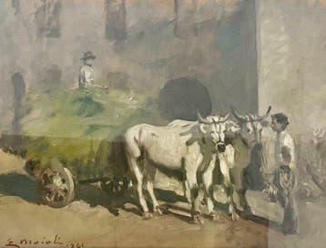 Ezio Moioli (1902-1981) - Carro trainato da buoi con figure