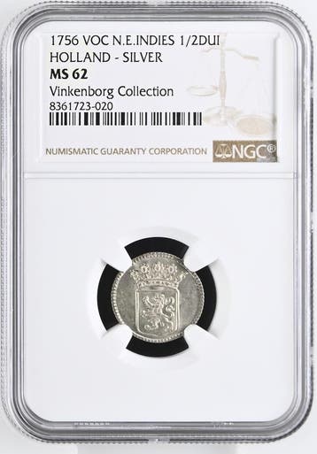 Nederlands Indië zilveren 1/2 Duit 1756 VOC Holland MS62 NGC, Verzenden, Munten
