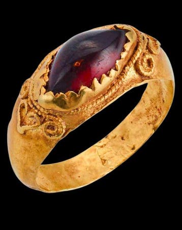 Oud-Romeins - Romeinse ring van goud, gezet met een granaat
