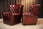 Engelse Chesterfield bankenset, 3-zitsbank + 2 fauteuils, Ophalen of Verzenden, Zo goed als nieuw, Leer, Chesterfield