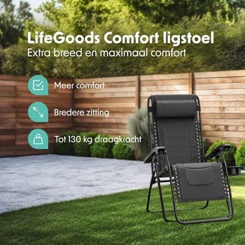 2dekans | LifeGoods Ligstoel Comfort - Opvouwbaar - 30°-90°, Tuin en Terras, Ophalen of Verzenden, Zo goed als nieuw