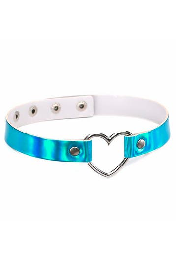 Choker Iridescent Blauw Hartje Holografisch Collar Ketting S, Kunststof, Verstelbaar, Blauw, Nieuw