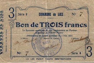 3 Francs France Komitat 02700 – Liez – 3-franken-gutsche, Verzenden