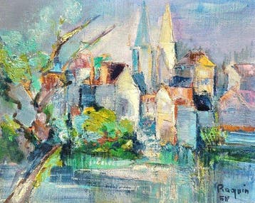 Iris Raquin - Paysage de Village au Bord de lEau, Antiek en Kunst, Kunst | Schilderijen | Klassiek