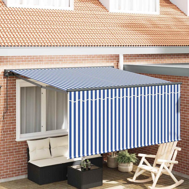 vidaXL Inklapbaar Zonnescherm Blauw en Wit 300 x 250 cm, Tuin en Terras, Zonneschermen, Nieuw, Verzenden