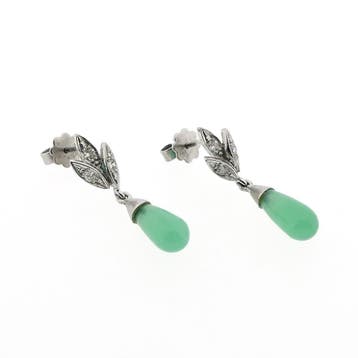 Vintage witgouden oorstekers met jade en diamant 0,12 ct., Gebruikt, Ophalen of Verzenden, Met edelsteen, Goud